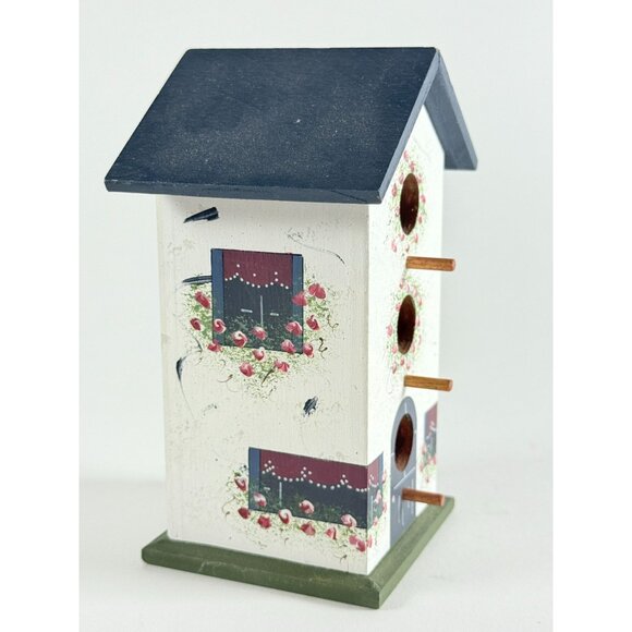 Hand Painted Wooden Birdhouses Set Floral Dk Green Roof Vintage Cottage Garden - Picture 12 of 15